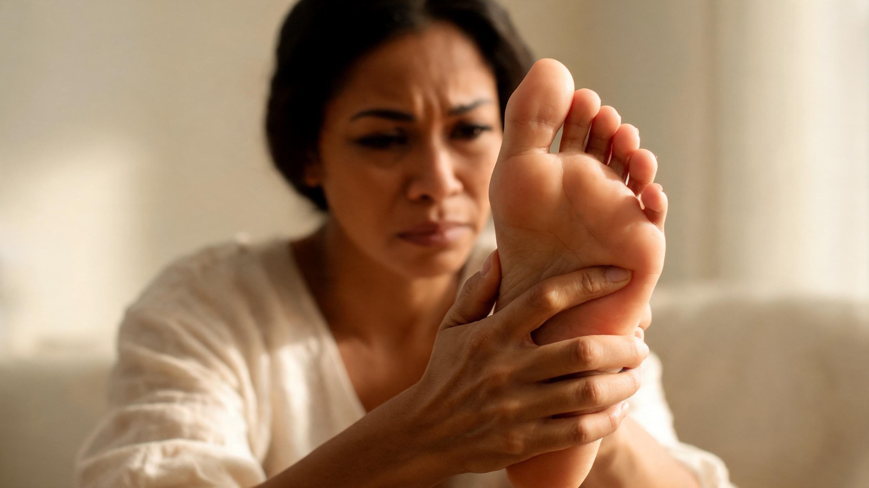 Mujer sujetando su pie con dolor por metatarsalgia en la planta del antepié